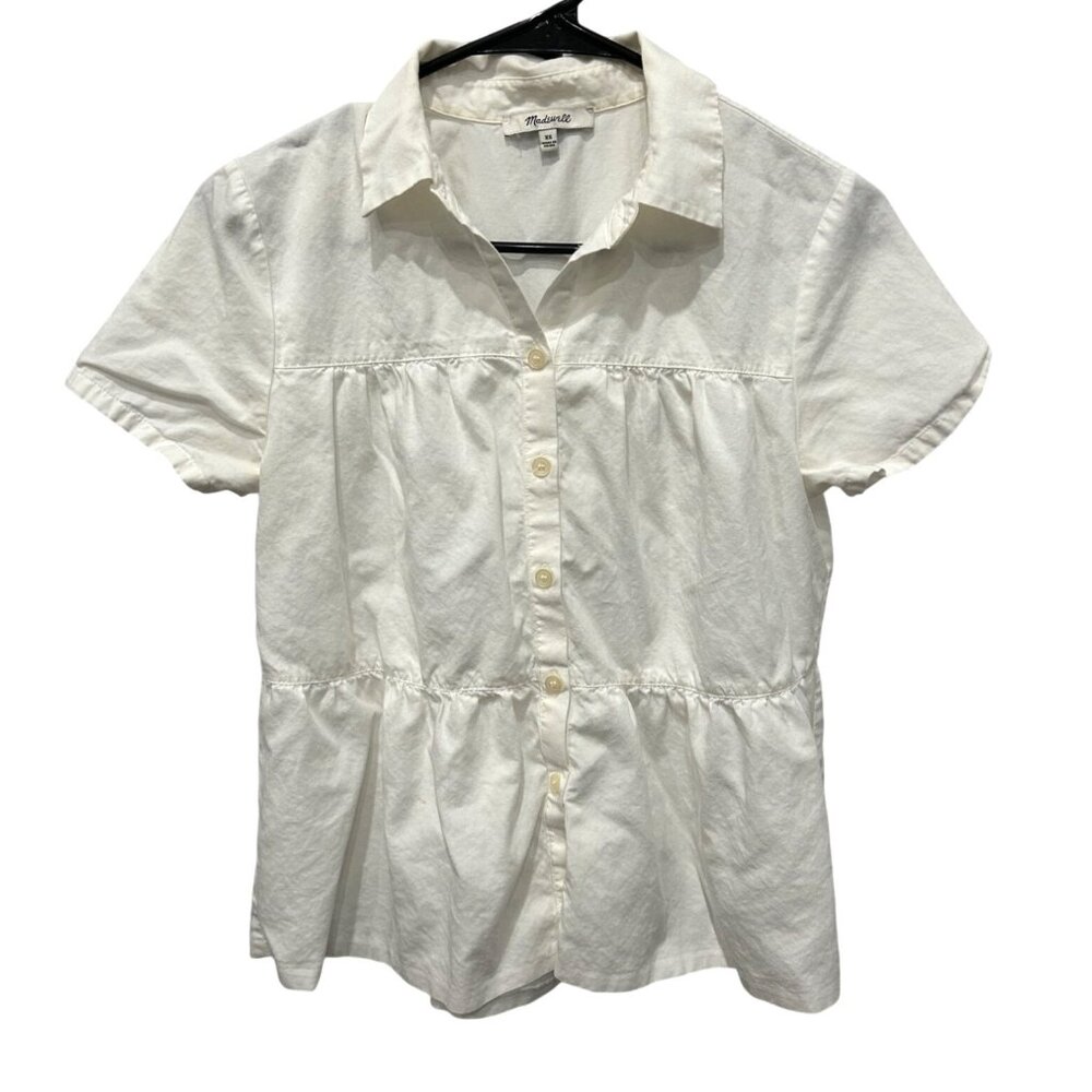 Madewell Womens White Button Up Short Sleeve Peplum Blouse Sz XS